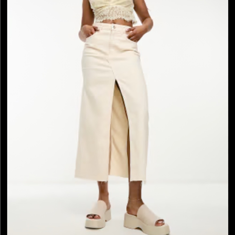 Pull&Bear denim midi skirt in ecru